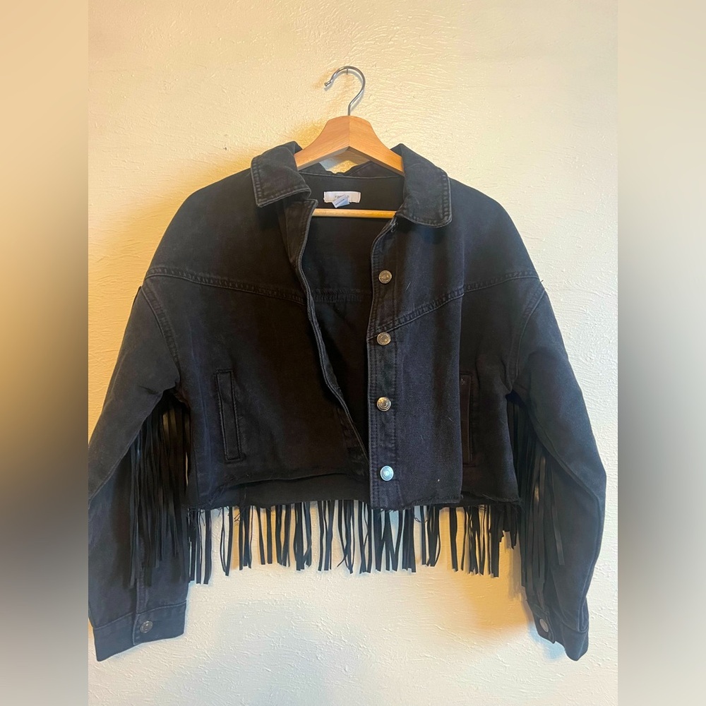 Black Cropped Fringe Denim Jacket Size Small